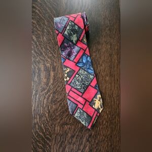 Vintage 🎩 London Fog Silk Red Geometric Floral Necktie EUC $22